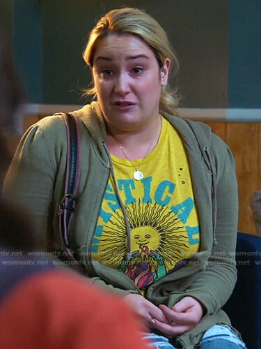 Davia's yellow printed tee on Good Trouble