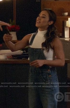 Emily's denim overalls on All Rise