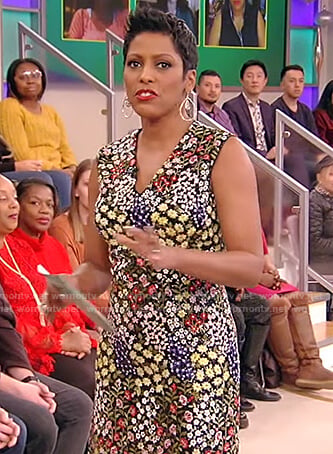 Tamron's floral embellished sleeveless dress on Tamron Hall Show