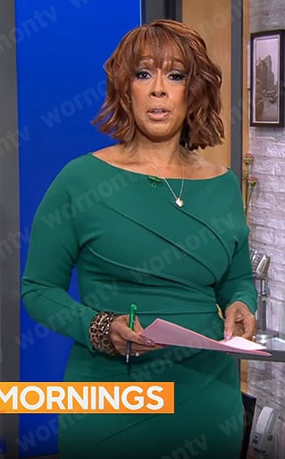 Gayle's green seamed long sleeve dress on CBS This Morning
