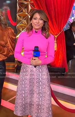 Ginger's pink turtleneck sweater and snakeskin print skirt on Good Morning America
