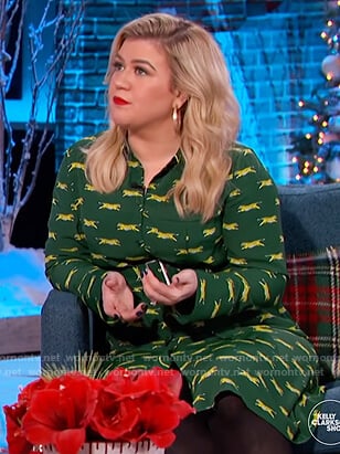 Kelly's green tiger print shirtdress on The Kelly Clarkson Show