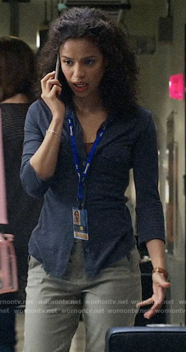 Hannah's blue button down shirt on The Morning Show