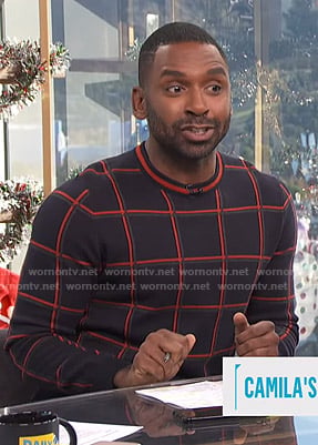 Justin's navy and red windowpane check sweater on E! News daily Pop