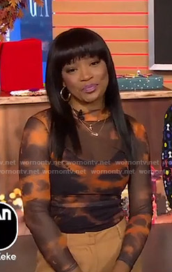 Keke's orange tie dye mesh top on GMA Strahan Sara And Keke