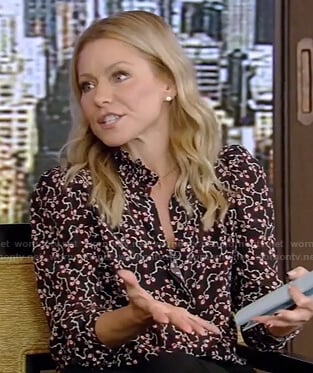 Kelly's black printed blouse and trousers on Live with Kelly and Ryan