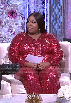 Loni's red sequin tie front jumpsuit on The Real