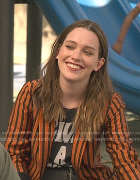 Love's black graphic tee and orange striped blazer on You