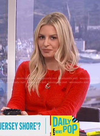 Morgan's red cardigan and pink mini skirt on E! News