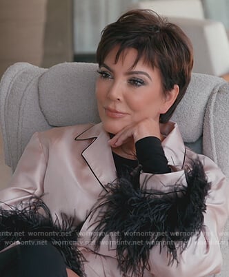Kris's pink feather trim blouse on Keeping Up with the Kardashians
