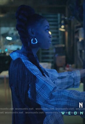 Anissa's blue plaid shirt with fringe back on Black Lightning