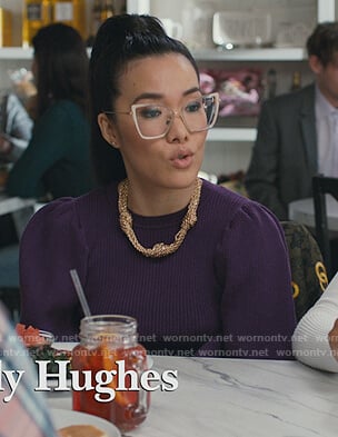 Doris's purple puff sleeve dress on American Housewife
