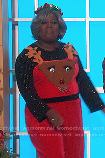 Sheryl's red reindeer jumpsuit on The Talk