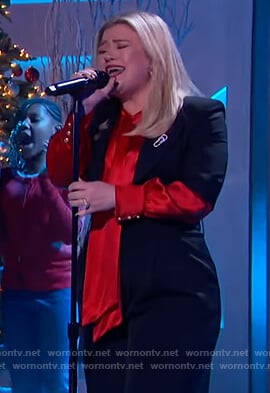 Kelly's red satin tie neck blouse on The Kelly Clarkson Show