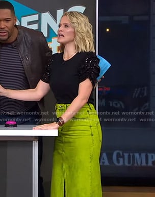 Sara's black embellished sleeve top and green denim skirt on GMA Strahan Sara And Keke