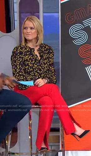 Sara's black floral blouse and red pants on GMA Strahan Sara And Keke