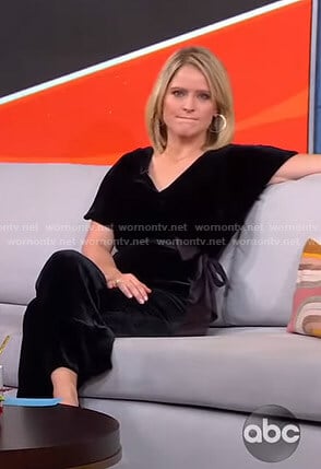 Sara's black velvet wrap jumpsuit on GMA Strahan Sara And Keke