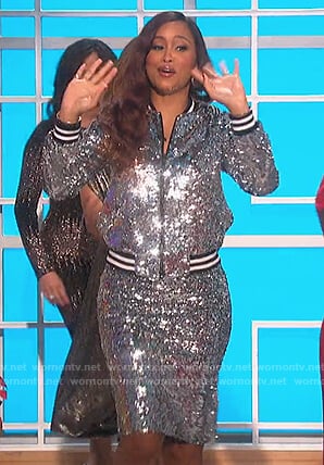 Eve's sequin bomber jacket and skirt on The Talk