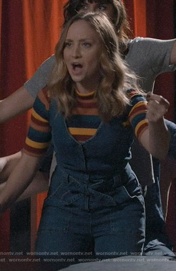 Sherry's striped top and denim jumpsuit on Modern Family