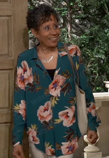 Stella's teal floral blouse on General Hospital