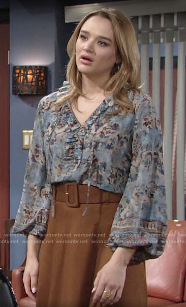 Summer's blue printed blouse on The Young and the Restless