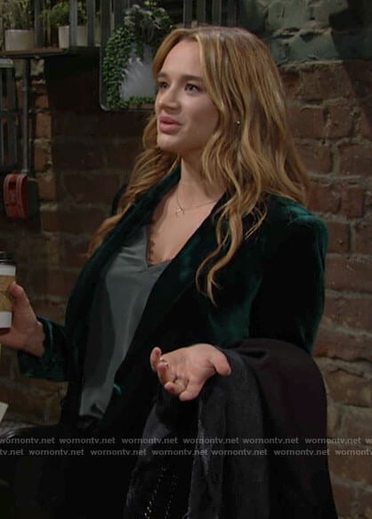 Summer's green velvet blazer and lace-trim top on The Young and the Restless