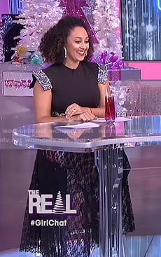 Tamera's black embellished top and lace skirt on The Real