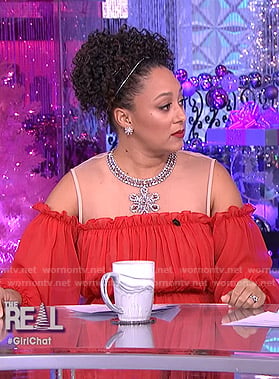 Tamera's red cold-shoulder embellished dress on The Real