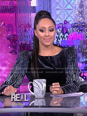 Tamera's sequined sleeve velvet dress on The Real