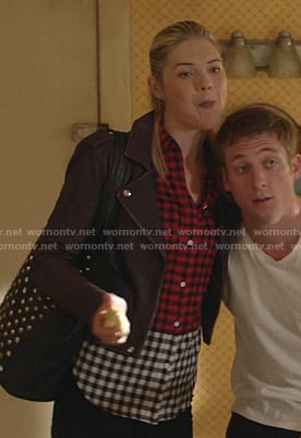 Tami's colorblock gingham shirt and purple moto jacket on Shameless