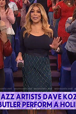 Wendy's navy bodysuit and embellished skirt on The Wendy Williams Show
