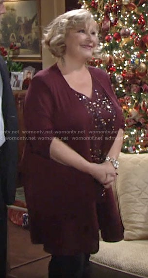 Traci's red sequin top and cardigan on The Young and the Restless