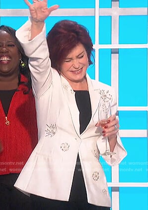 Sharon's white embellished blazer on The Talk