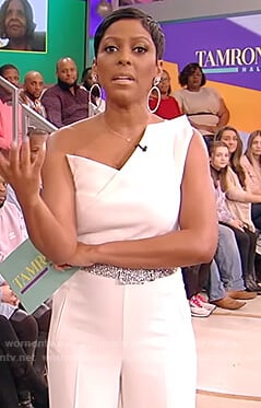 Tamron's white off shoulder jumpsuit on Tamron Hall Show