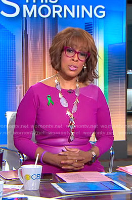 Gayle's purple leather panel dress on CBS This Morning