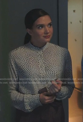 Jane's white dotted blouse on The Bold Type