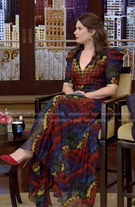 Katie Lowes's rainbow print maxi dress on Live with Kelly and Ryan