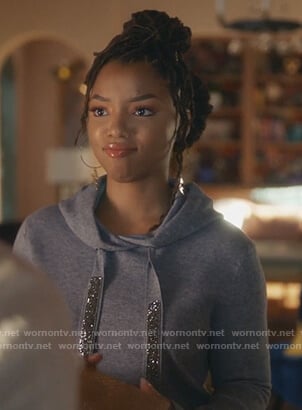 Jazlyn's gray hoodie with embellished ties on Grown-ish