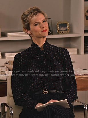 Mallory's striped tie neck blouse on Grace and Frankie