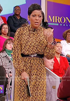 Tamron's yellow and black printed dress on Tamron Hall Show