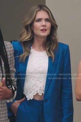 Sutton's white floral lace top on The Bold Type