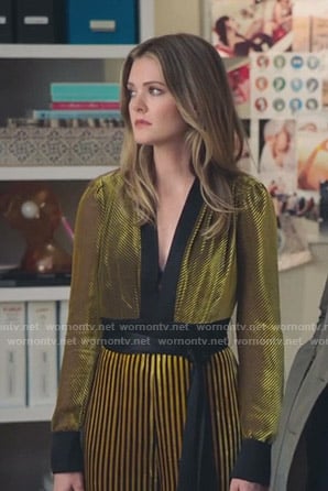 Sutton's yellow striped velvet  jumpsuit on The Bold Type