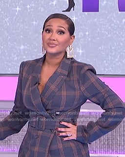 Adrienne's blue plaid belted blazer and pants on The Real