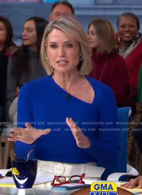 Amy's blue asymmetric top and white pants on Good Morning America