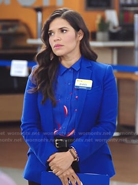 Amy's blue printed button down shirt on Superstore