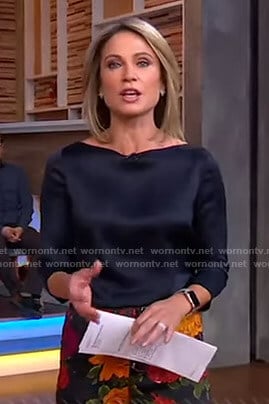Amy's navy satin top and floral pants on Good Morning America
