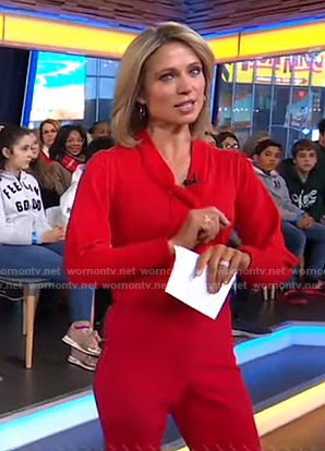 Amy's red tie neck sweater and pants on Good Morning America