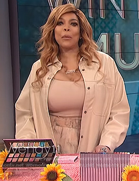 Wendy's beige leather shirt and marbled skirt on The Wendy Williams Show