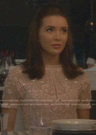 Bess's pink floral embroidered keyhole dress on Nancy Drew