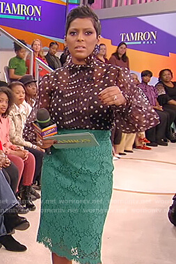 Tamron's black polka dot blouse with lace skirt on Tamron Hall Show